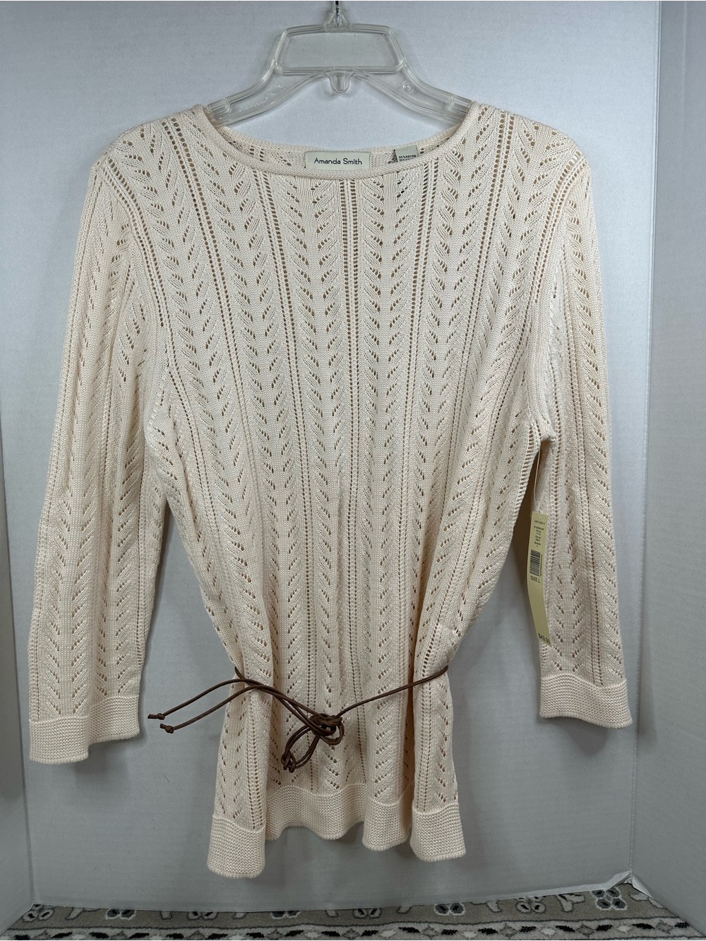 Amanda Smith Cream Openwork Crewneck Sweater with Brown Belt, size Large, NWT